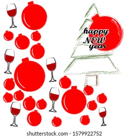 Happy New Year. Holiday scene with Christmas tree, Christmas ball and glass of wine. Toasting. Decoration. Happy Holidays.