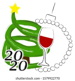 Happy New Year. Holiday scene with Christmas tree, Christmas ball and glass of wine. Toasting. Decoration. Happy Holidays.