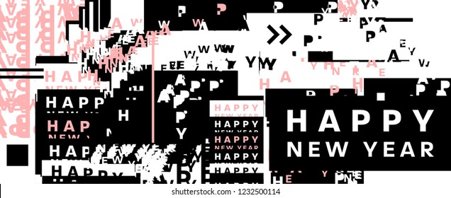 Happy New Year. Holiday template with bauhaus, memphis and hipster style graphic geometric and glitch elements. Applicable for placards, brochures, posters, covers and banners. Vector illustrations.