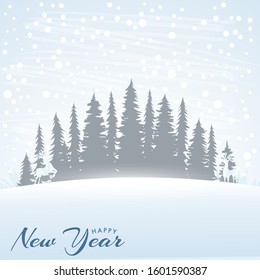 Happy New Year. Holiday template for advertising card, poster, banner. Composition of pine Forest, snowfall, snowy heel, deers and beautiful holiday message.