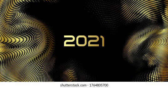 Happy New Year. Holiday vector of golden 2021 and glittering halftone pattern. For design Festive poster or banner design