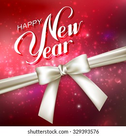 Happy New Year. Holiday Vector Illustration. Lettering Composition On The Red Shiny Background With Sparkles And White Bow