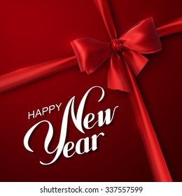 Happy New Year. Holiday Vector Illustration. Lettering Composition On The Red Background With Red Bow And Ribbon