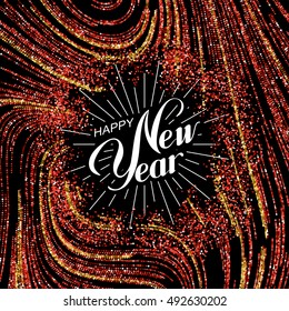 Happy New Year. Holiday Vector Illustration. Lettering Composition With Golden And Red Glitters