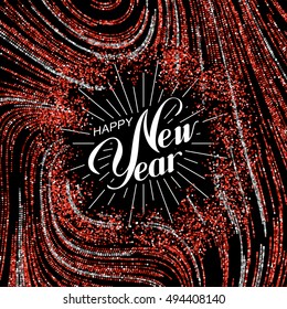 Happy New Year. Holiday Vector Illustration. Festive Lettering Label With Silver And Red Glitters. Decoration