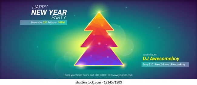 Happy new year. Holidays card with Christmas tree from pattern of colored triangles and lens flares effect. Modern invitation on New year party with design of text. Vector illustration, eps10.