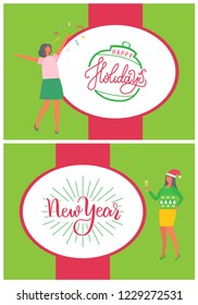 Happy New Year holidays greeting card with people. Christmas party celebration woman with flapper and champagne in skirts on high heels celebrating Xmas
