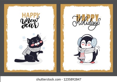 Happy New Year and Holidays greeting cards from black kitten in the knitted scarf and penguin with earmuffs. Vector New Year cartoon animals isolated