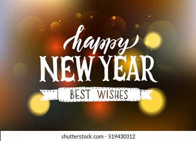 Happy New Year for  holidays greeting card with tree, snowflakes.Lettering celebration logo set.Typography for winter holidays.Calligraphic poster on blurred textured background. Postcard motive