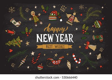 Happy New Year for holidays greeting card. Lettering celebration logo set. Typography for winter holidays. Calligraphic poster on blackboard textured background. Postcard motive