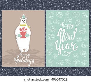 Happy New year, Happy Holidays grreting card. Cute white bear with gift.Hand drawn Christmas Lettering.  Vector Illustration