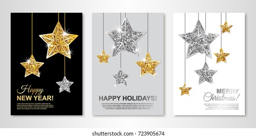 Happy New Year, Happy Holidays and Merry Christmas greeting cards with Gold and Silver Hanging Stars. Vector illustration. Glowing Invitation Template. All isolated and layered