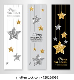 Happy New Year, Happy Holidays and Merry Christmas Glowing banner set with Gold and Silver Hanging Stars. Vector illustration. All isolated and layered
