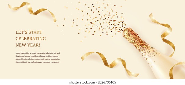 Happy New Year horizontal background with realistic bottle of champagne and confetti. Vector illustration