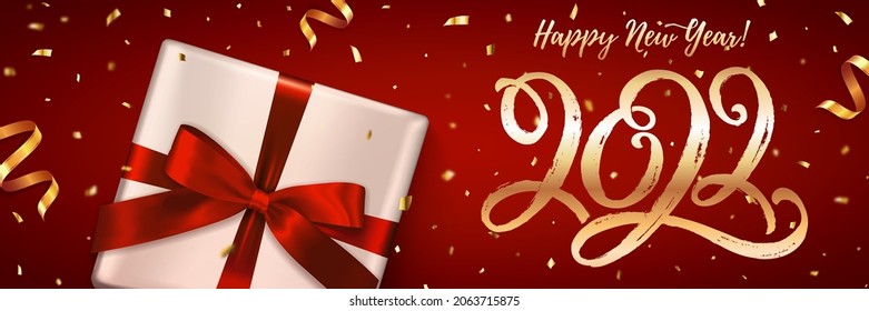 Happy New Year. Horizontal banner with lettering 2022. Holiday vector illustration with hand drawn figures, gift box and golden confetti.