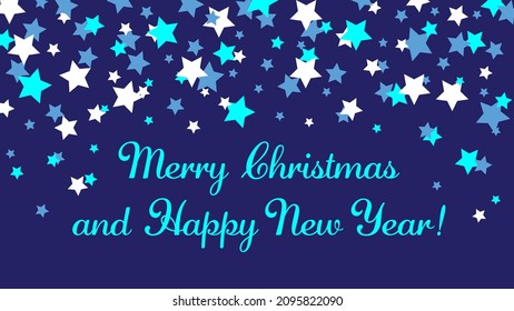 Happy New Year horizontal banner with blue and white stars on a dark blue background