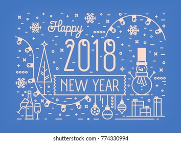 Happy New Year horizontal banner, greeting card or postcard template with traditional holiday decorations, champagne and garlands drawn with white lines on blue background. Vector illustration.