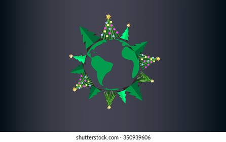 Happy New Year horizontal greeting card, banner, flyer, vector illustration, dark background. Fir trees in circle symbolize the planet Earth.