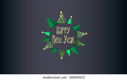 Happy New Year horizontal greeting card, banner, flyer, vector illustration, dark blue background. Fir trees in circle symbolize the planet Earth.