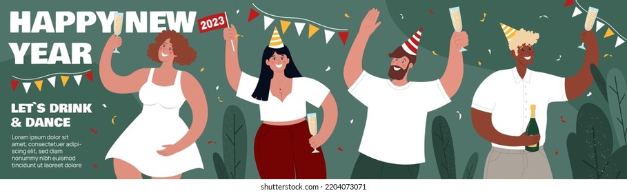 Happy New Year horizontal long banner. Different people drink champagne and dance. Vector flat vector illustration. Space for text.