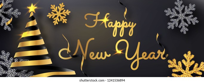 Happy new year horizontal template. Holiday vector illustration. Party invitation design. Festive decoration with glowing golden text, confetti particles, snowflake, ribbon christmas tree. vector 