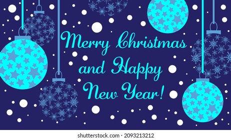 Alegre banner vectorial horizontal de Año Nuevo con decoraciones azules en fondo azul oscuro