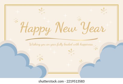 Banner vector horizontal de Año Nuevo feliz, copos de nieve dorados y nubes azules.Fondo de sueños 