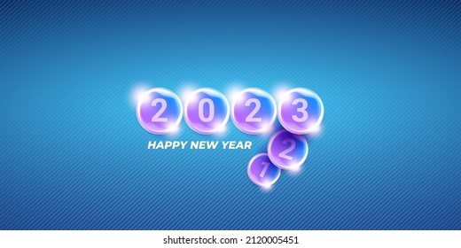 Feliz año nuevo horizonte fondo de banner web y tarjeta de saludo 2023, portada con texto. vectorial 2023 pegatina de año nuevo, etiqueta, icono, logotipo y placa aislados en un elegante fondo azul moderno