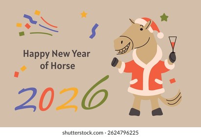 Happy New Year of the Horse 2026 card banner invitation poster with cartoon character