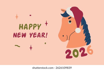 Happy New Year of the Horse 2026 card banner invitation poster with horse in Santa Claus hat