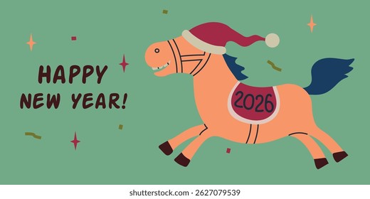 Happy New Year of the Horse 2026 card banner invitation poster with running horse in Santa Claus hat