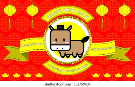Happy new year of Horse year on Red background and golden ribbon with good word for life in Chinese zodiac concept