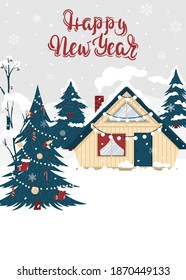 Happy New Year. House in a snowy forest and a Christmas tree