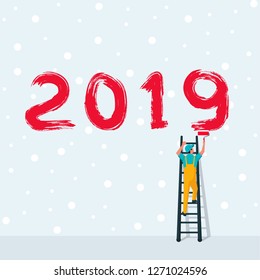 Happy New Year. Human on ladders are holding roll brushes and writing the number 2019. Snow background. Brush numbers. Vector illustration flat design.