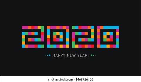 Happy New Year icon. 2020 year logo. Modern stylish greeting card template. Mosaic tiles style numbers. Stained glass window on black background. Vector illustration.