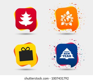 Happy new year icon. Christmas trees and gift box signs. World globe symbol. Speech bubbles or chat symbols. Colored elements. Vector