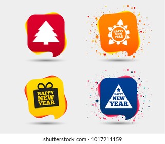 Happy new year icon. Christmas trees signs. World globe symbol. Speech bubbles or chat symbols. Colored elements. Vector