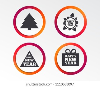Happy new year icon. Christmas trees signs. World globe symbol. Infographic design buttons. Circle templates. Vector