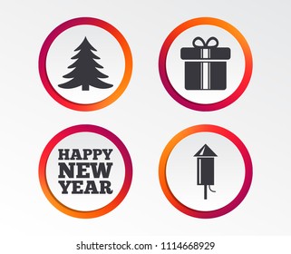 Happy new year icon. Christmas tree and gift box signs. Fireworks rocket symbol. Infographic design buttons. Circle templates. Vector