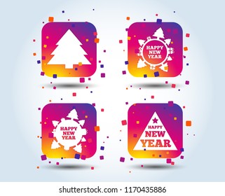 Happy new year icon. Christmas trees signs. World globe symbol. Colour gradient square buttons. New year flat design concept. Vector