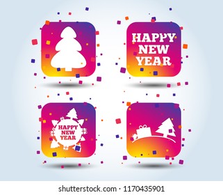 Happy new year icon. Christmas trees signs. World globe symbol. Colour gradient square buttons. New year flat design concept. Vector