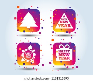 Happy new year icon. Christmas trees signs. World globe symbol. Colour gradient square buttons. Flat design new year concept. Vector