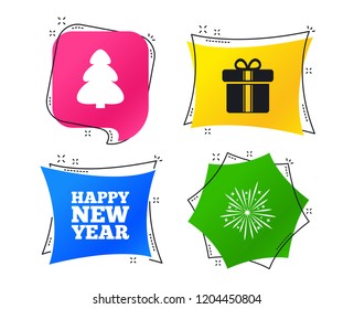 Happy new year icon. Christmas tree and gift box signs. Fireworks explosive symbol. Geometric colorful tags. Banners with flat icons. Trendy design. Vector