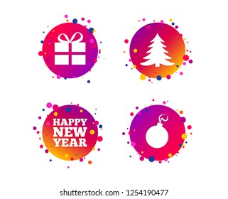 Happy new year icon. Christmas tree and gift box sign symbols. Gradient circle buttons with icons. Random dots design. Vector