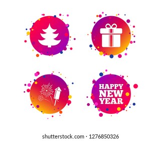 Happy new year icon. Christmas tree and gift box signs. Fireworks rocket symbol. Gradient circle buttons with icons. Random dots design. Vector