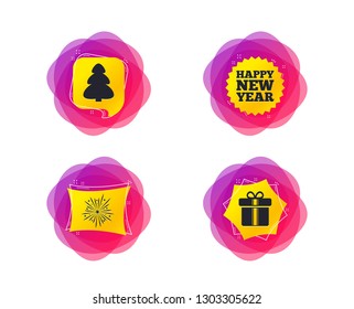 Happy new year icon. Christmas tree and gift box signs. Fireworks explosive symbol. Geometric gradient sales shapes. Creative banners. Template for design. Vector