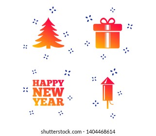 Happy new year icon. Christmas tree and gift box signs. Fireworks rocket symbol. Random dynamic shapes. Gradient fireworks icon. Vector