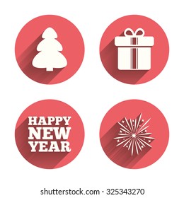 Happy new year icon. Christmas tree and gift box signs. Fireworks explosive symbol. Pink circles flat buttons with shadow. Vector