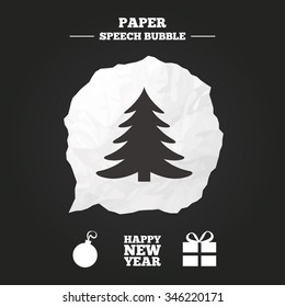 Happy new year icon. Christmas tree and gift box sign symbols. Paper speech bubble with icon.