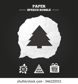 Happy new year icon. Christmas trees signs. World globe symbol. Paper speech bubble with icon.
